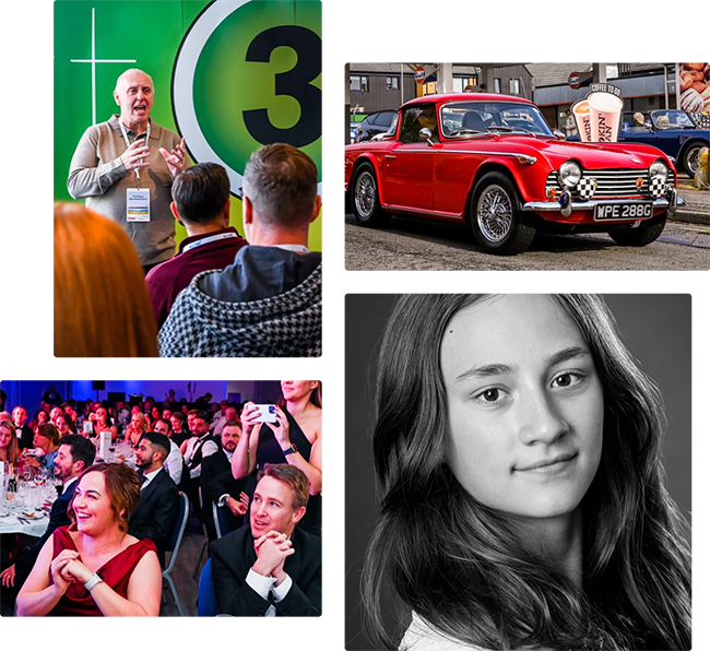 Composite image of 4 photographs - a man speaking at a business seminar, a vintage Triumph car, a crowd applauding at a formal event and a black and white headshot of a female actor