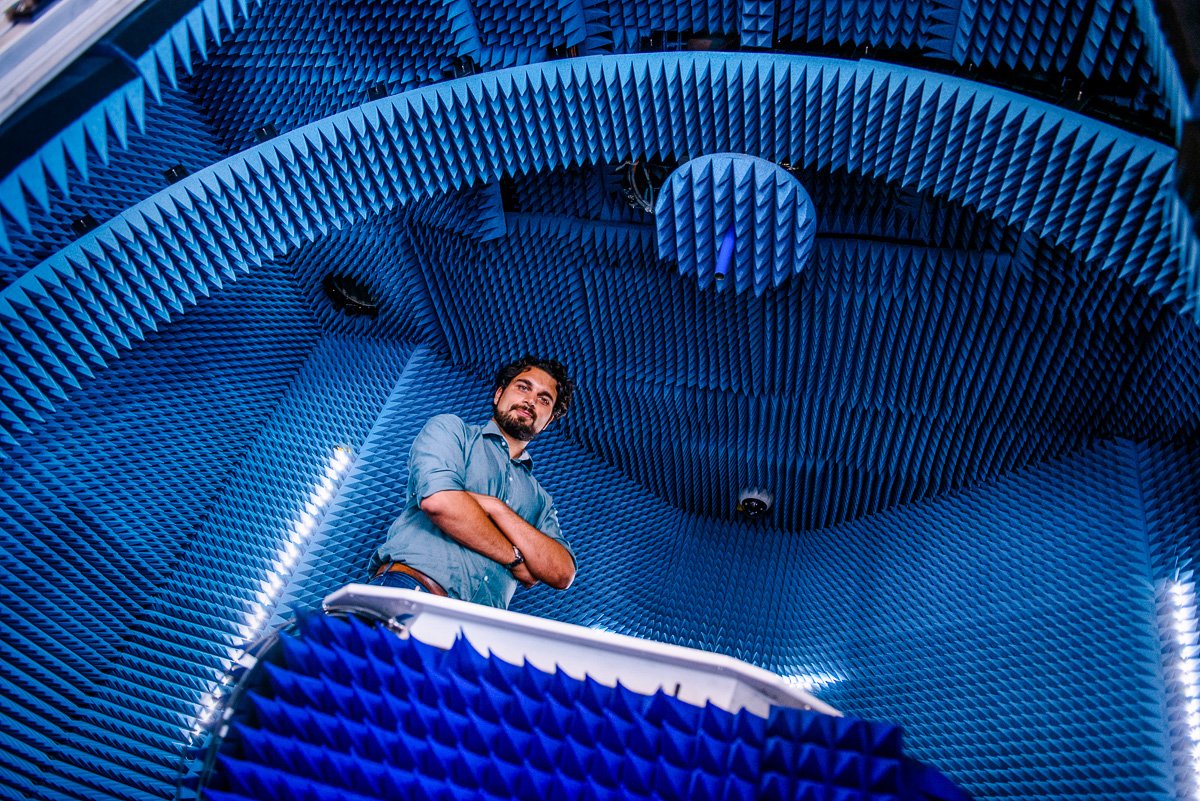 Photography - portrait of a microwave researcher in anechoic chamber