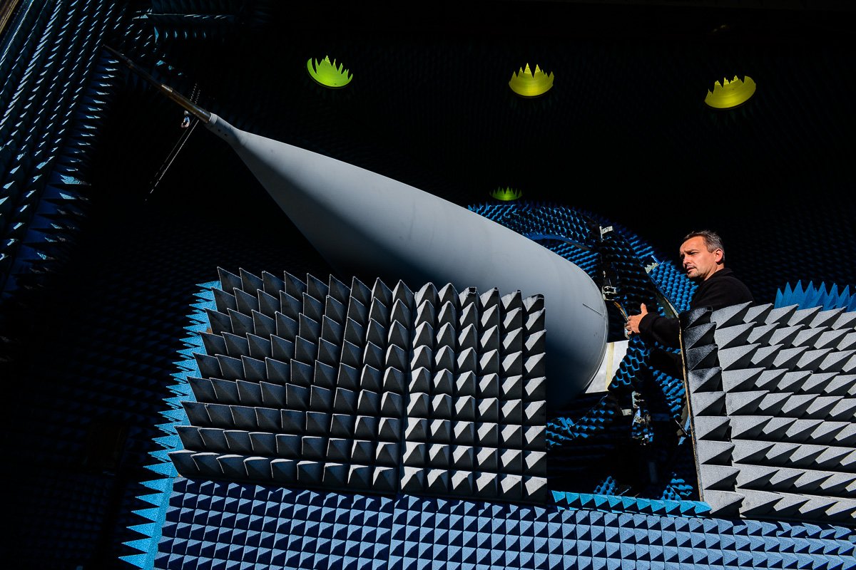 Photograph of technician working on Radar testing at Aerospace manufacturing facility