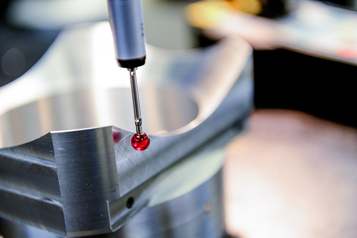 Photography of ruby stylus for measurement of a machined engineering component