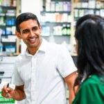 Photograph - smiling pharmacist talking to colleague
