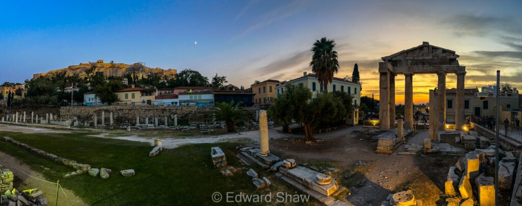 Super-wide angle photo showing the Parthenon, and Roman Forum at dusk.